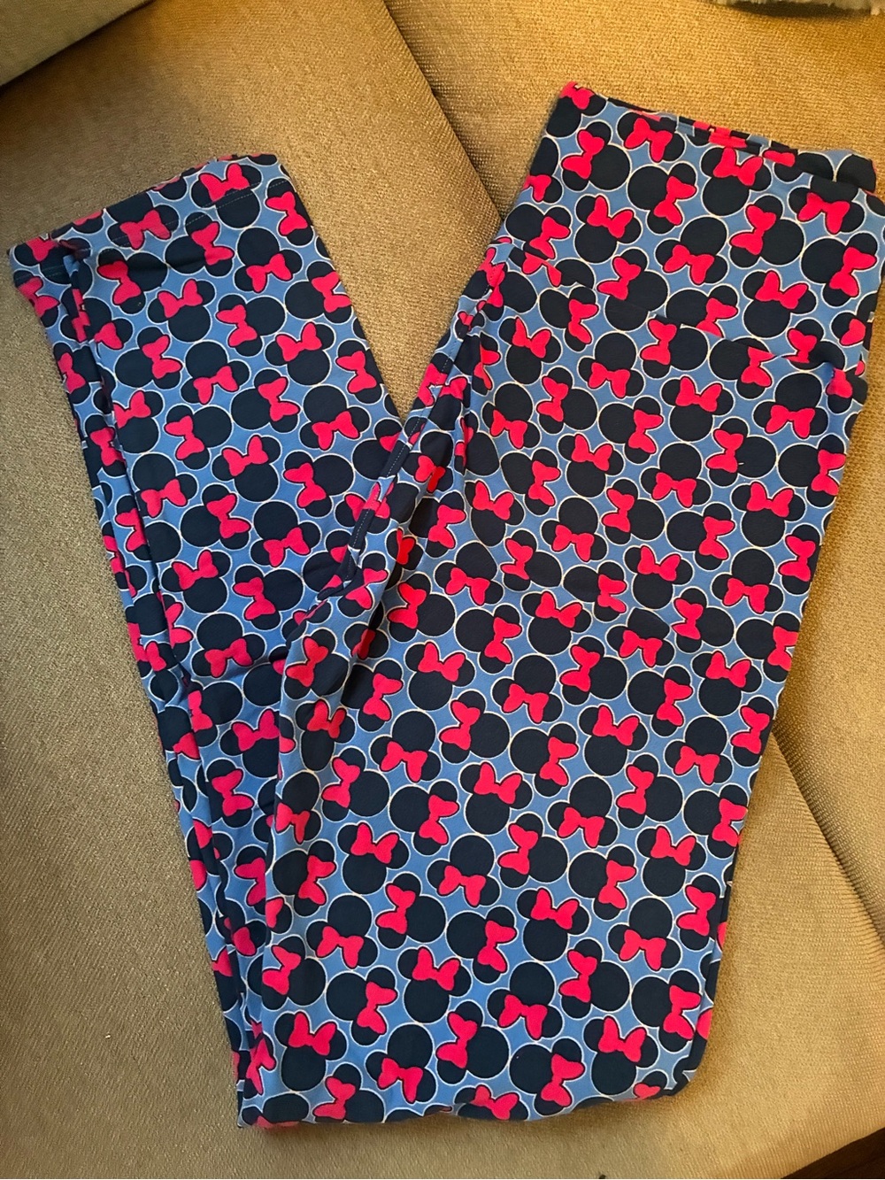 LuLaRoe Disney Navy Leggings with Minnie Mouse Pink Bow Print